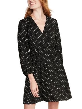 Old Navy Black & White Polka Dot Long Sleeve Faux Wrap Dress Size S Casual Work